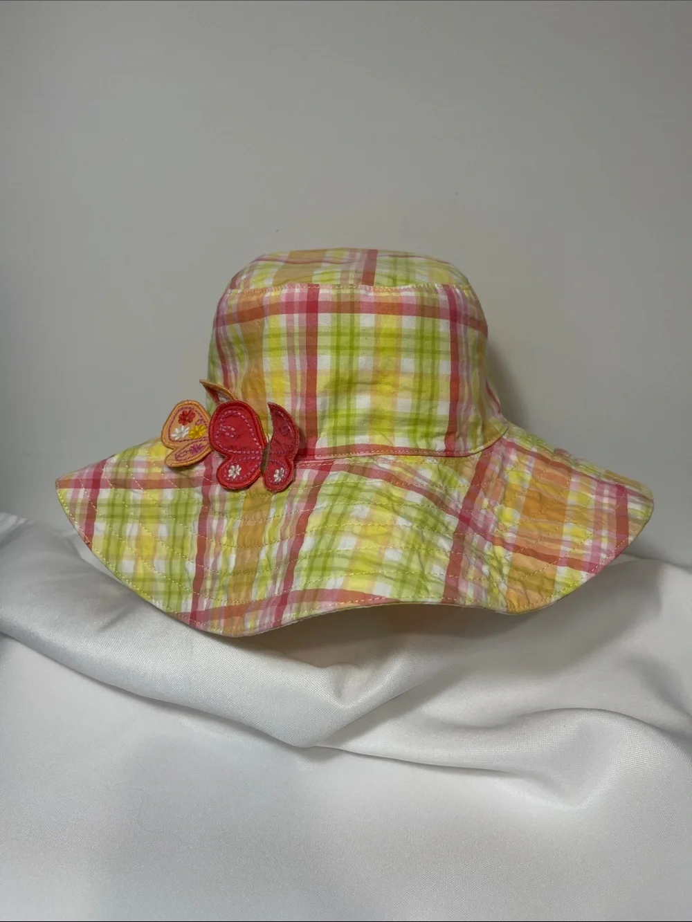 Gymboree Vintage Girls Social Butterfly Pink Plaid Sun Wide Brim Bucket Hat, 5-7